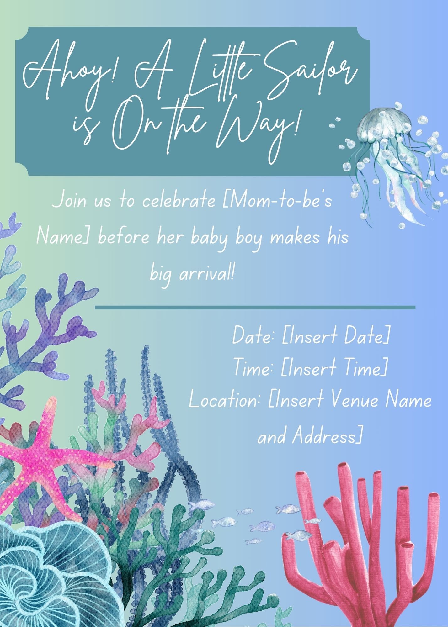 Ahoy, A Little Sailor is On the Way Nautical Baby Shower Digital Invitation