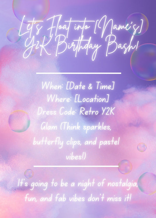 Purple Bubble & Cloud Y2K Birthday Digital Invitation